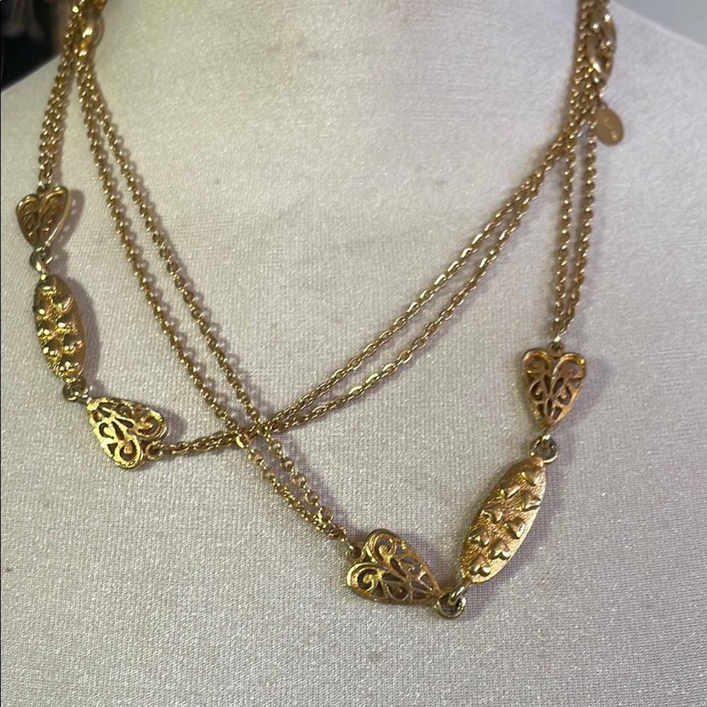 Gold tone Layered Filigree Necklace Elegant Vintage Design - long.